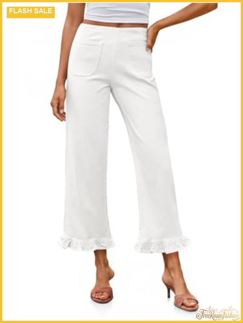 Cropped High Waisted Wide Leg Jeans Ruffle Hem Stretch Denim Capris
